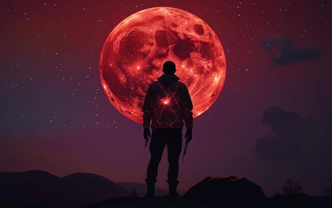 Pleine lune de sang et chasseur.